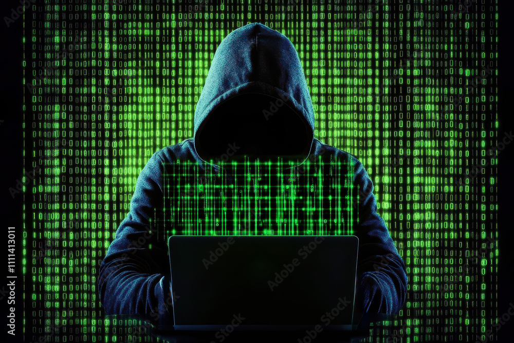 Poster a hacker wearing a hooded .working on a laptop with a green digital code background, symbolizing cyb
