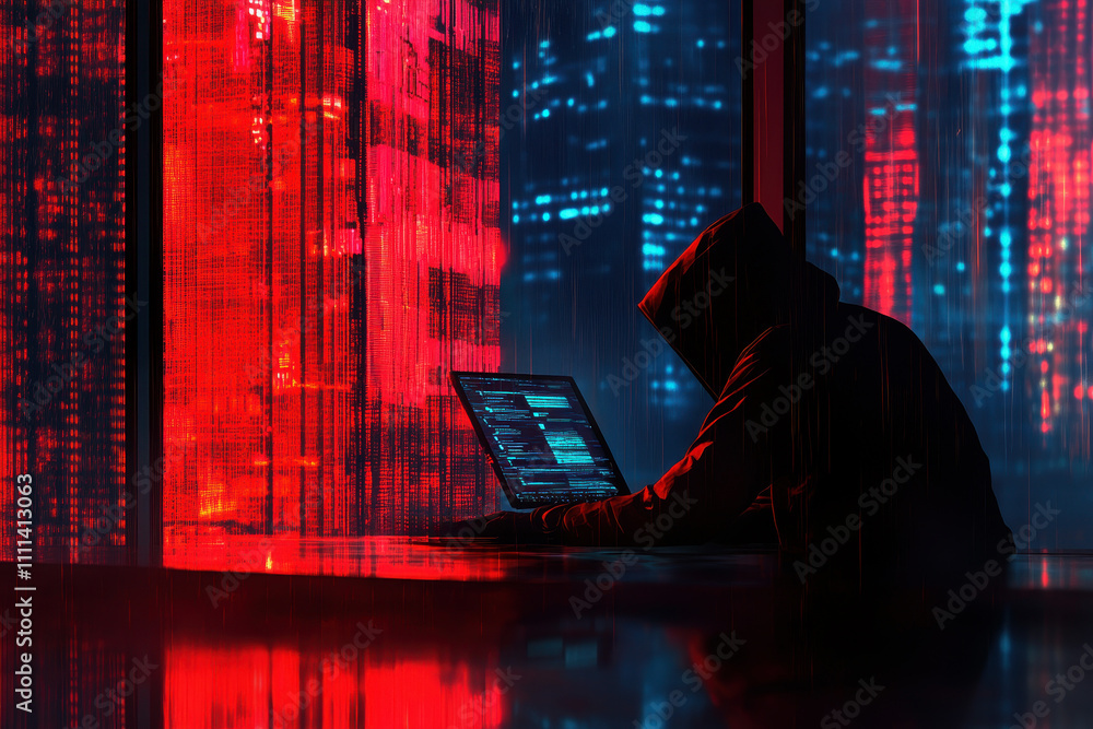 Poster a hacker wearing a hooded .working on a laptop with a futuristic digital red background, symbolizing