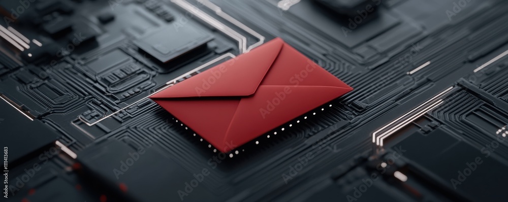 Poster a sleek red envelope rests on a dark circuit board, symbolizing digital communication and technology
