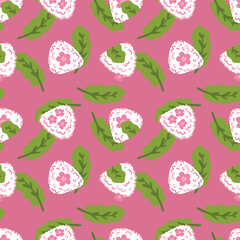 Pink sakura flowers onigiri rice balls seamless pattern. Popular Japanese food print for paper, textile, fabric, menu and stationery. Hand drawn illustration.