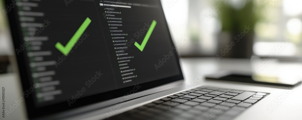Poster a laptop displays code with green checkmarks, indicating successful processes or validations in a mo