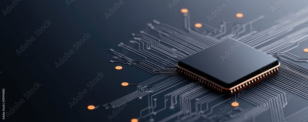 Poster a close-up of a microchip on a circuit board, illustrating intricate circuitry and connections, show