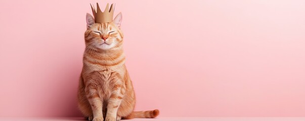 A playful cat wearing a crown sits gracefully against a pink background, exuding charm and personality.