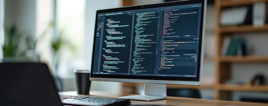 A computer monitor displays code in a modern workspace with a laptop and coffee cup, illustrating a tech-driven environment.