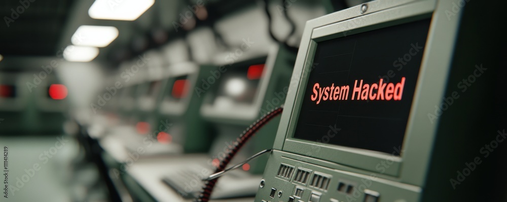 Poster a dimly lit control room with a computer displaying 