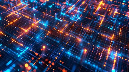 Complex electronic circuit board with glowing orange and blue lights representing data flow and processing