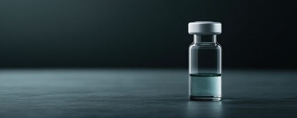 A clear glass vial with a silver cap, containing a liquid, sits on a dark surface, symbolizing medicine, vaccination, or laboratory research.