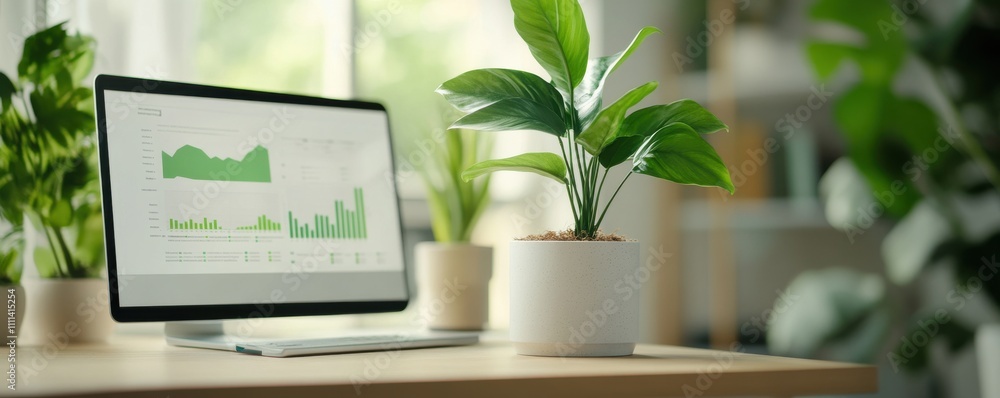 Poster a modern workspace featuring a computer displaying graphs and a lush plant, blending technology with