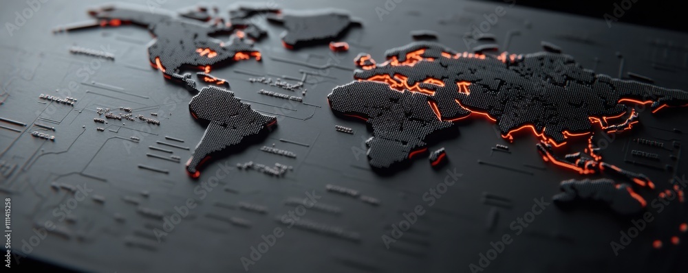 Poster a textured black map of the world with intricate patterns and glowing orange outlines, suggesting a 