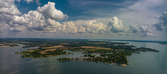 APRIL 27, 2023, OXFORD, EASTERN SHORE MARYLAND - USA - aerial view of small Chesepeake Bay fishing town, Oxford, MD