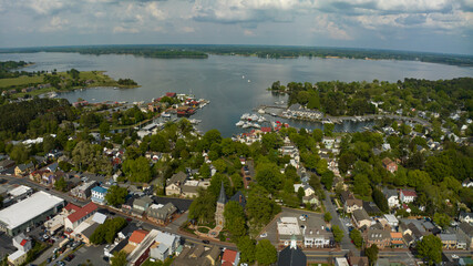 APRIL 27, 2023, SAINT MICHAELS, EASTERN SHORE MARYLAND - USA - aerial view of small Chesepeake Bay fishing town, St. Michaels with houses and storefronts, MD