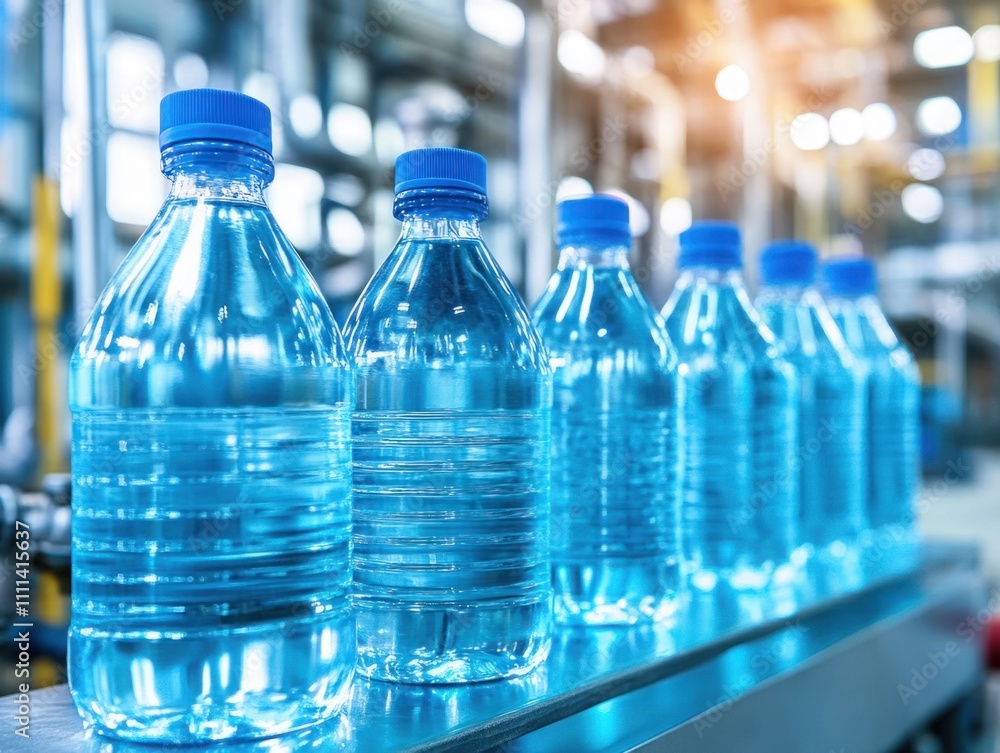 Poster bottled water production line with multiple clear plastic bottles in a factory setting reflecting in