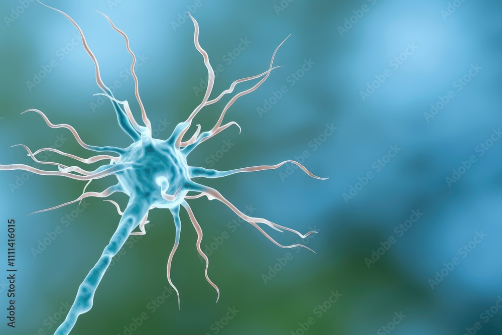 Poster a close-up image of a blue neuron, showcasing its intricate structure and long, thin extensions agai