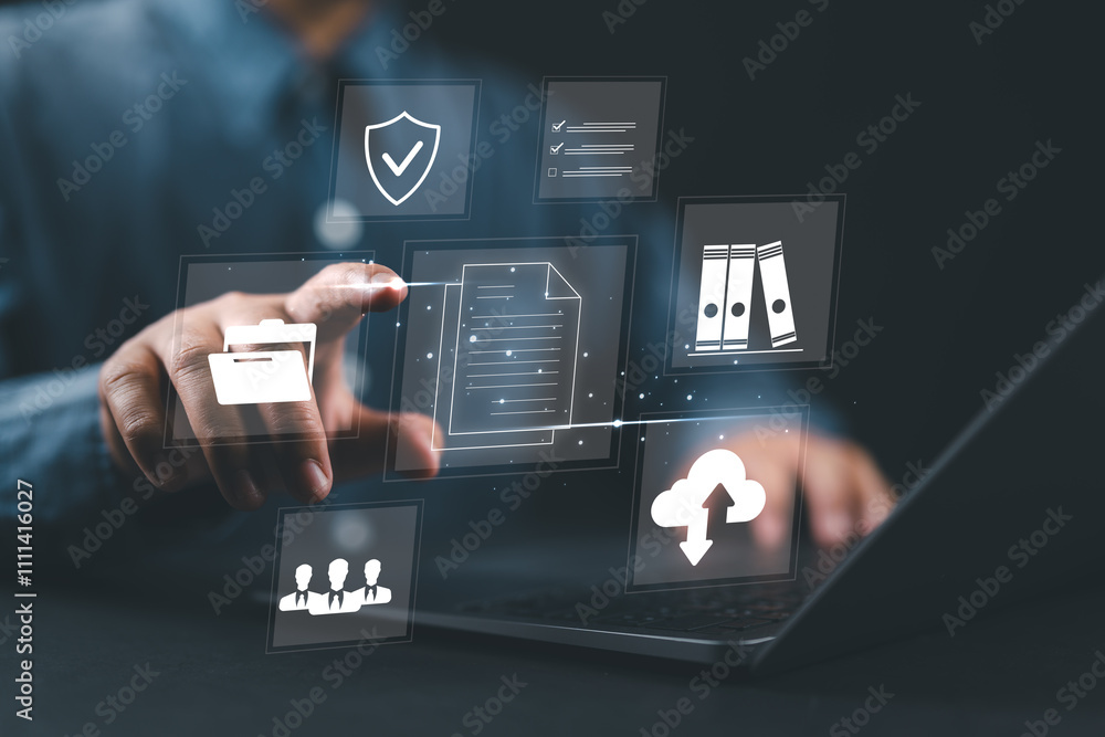 Poster Businessman using a laptop to document management concept, online documentation database and digital file storage system or software, records keeping, database technology, file access, doc sharing.