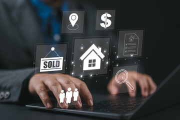 Businessman using a laptop for property sales listings, realtor agency contractor, residential property, investment, housing project, property development real estate, choose a house buy online.