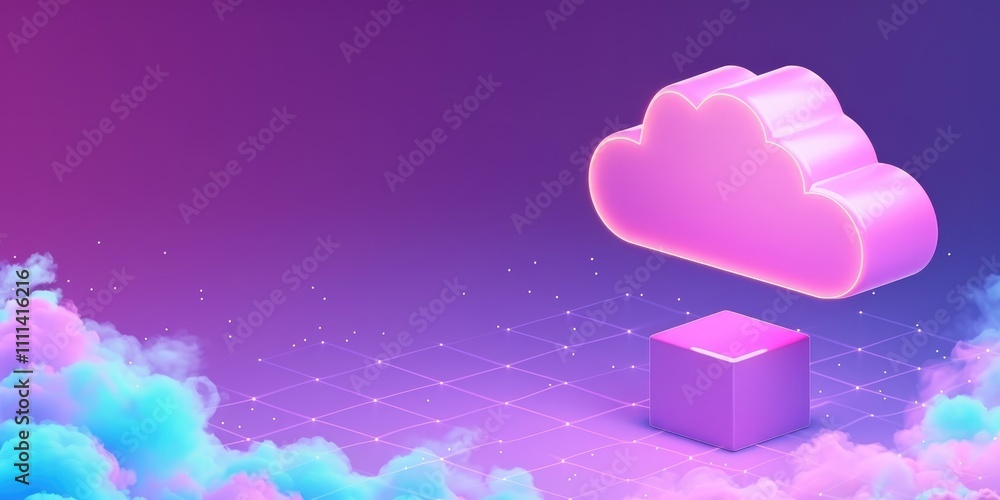 Aufkleber a vibrant purple background features a pink cloud icon above a cube, representing cloud computing an