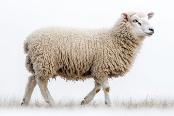 Fototapeta premium A Fluffy Sheep Walks Through Winter Snow