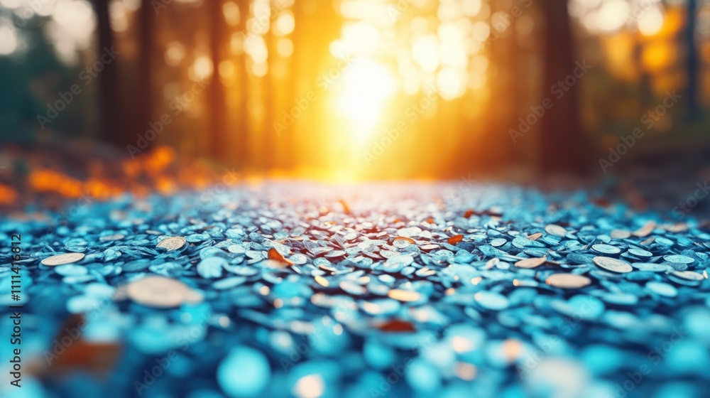 Poster sparkling blue stones on a pathway in a serene forest setting at sunset, creating a magical and tran