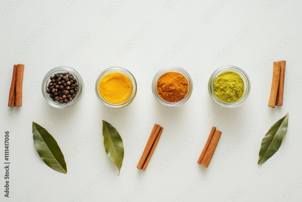 Poster Colorful jars filled with various spices, accompanied by bay leaves and cinnamon sticks, create an inviting culinary display on white. Generative AI