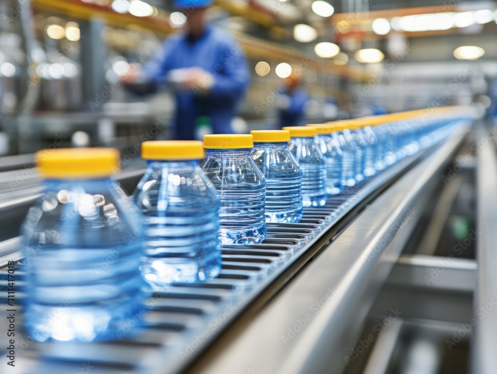 Aufkleber automated production line featuring clear water bottles with yellow caps, showcasing efficiency in b