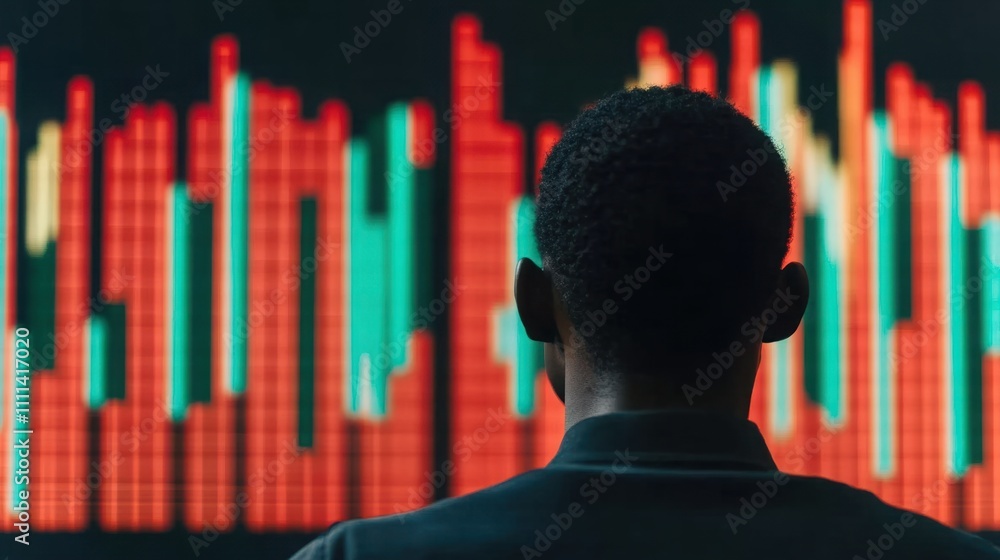 Poster individual analyzing market trends with colorful data visualization displayed on screen in financial