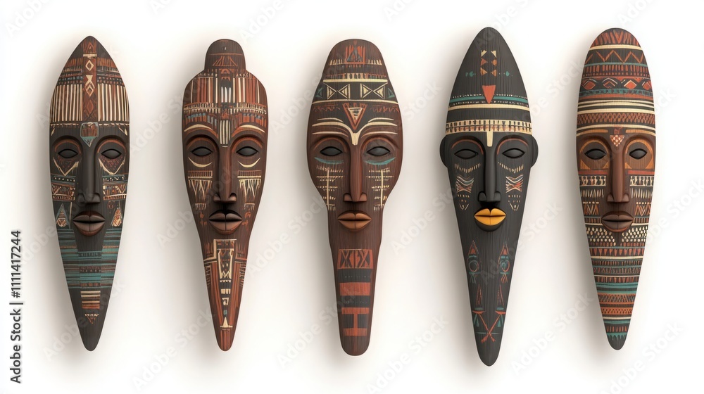 Poster intricately carved wooden masks displayed on a white background with distinctive patterns and cultur