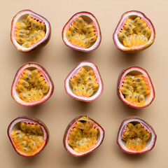 pieces of Passion fruit arranged in an Abstract Fruit Pattern composition