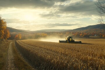 Fototapeta premium Harvester Working in Golden Field Under Dramatic Clouds During Sunset in Rural Landscape with Vibrant Autumn Colors in the Background