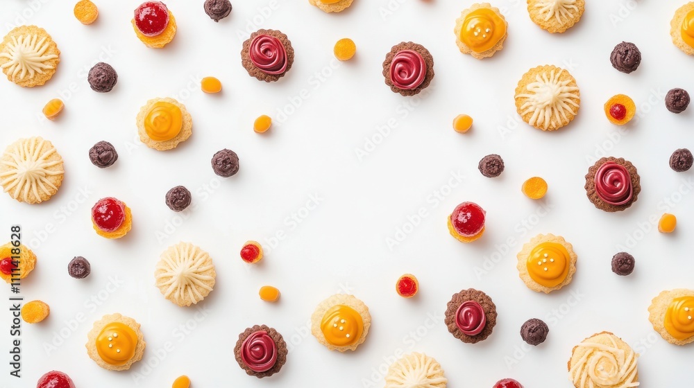 Poster Brightly colored cookies and sweets are artfully arranged on a clean white surface, leaving ample space for custom text or messages. Generative AI