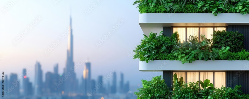 Poster modern building with greenery and skyline view in the background