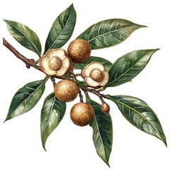 Fototapeta premium Watercolor Painting of a Longan Fruit Branch with Lush Green Leaves.