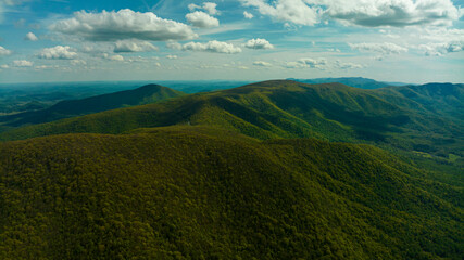 MAY 6, 2023, SKYLINE DRIVE National Park, VIRGINIA, USA - scenic views from Skyline National Park showing aerial view of Shenandoha Foest and Blue Ridge Mountains