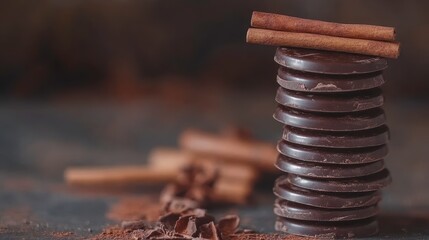 Dark Chocolate Coins with Cinnamon Sticks on Rustic Table