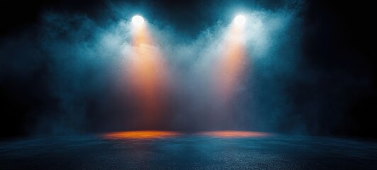 Dramatic Stage Scene with Spotlights and Smoky Atmosphere on Textured Floor