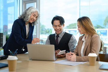 Mature businesswoman discussing marketing strategies with her colleagues at meeting