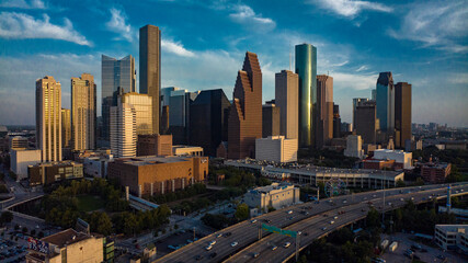 JULY 16, 2023, aerial view of Houston, Texas skyline at sunset