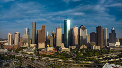 Obraz premium JULY 16, 2023, aerial view of Houston, Texas skyline at sunset