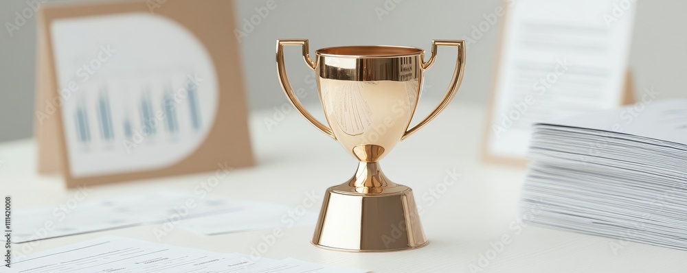 Poster a golden trophy is centered on a desk surrounded by documents and a graph, symbolizing achievement a