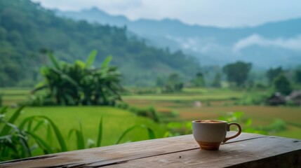 Close-up of traditional Thai coffee served in a rice field cafe with scenic views