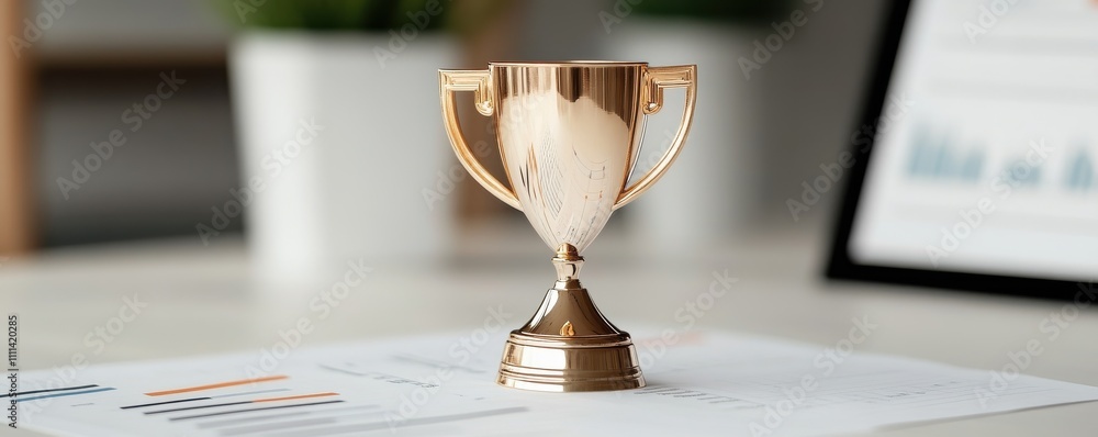 Poster a golden trophy sits on a document with graphs, symbolizing achievement and success in a professiona