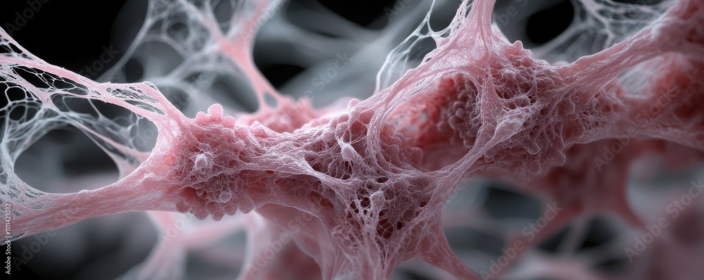 Poster a close-up view of intricate, web-like biological structures, showcasing a delicate network of cells