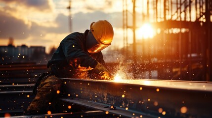 An intimate portrait of a construction worker welding steel beams at sunset on an industrial site, Steel welding scene, Industrial and atmospheric style