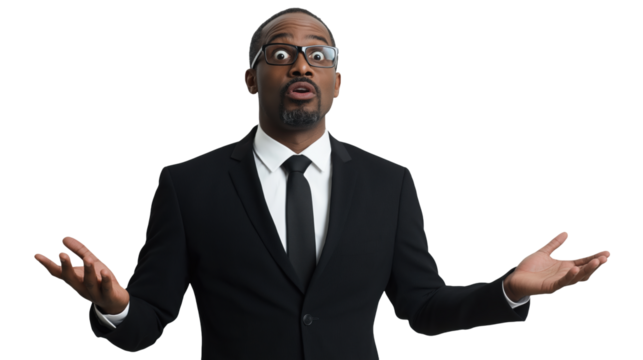 Confident Businessman Expressing Surprise while Presenting Ideas in a Professional Setting