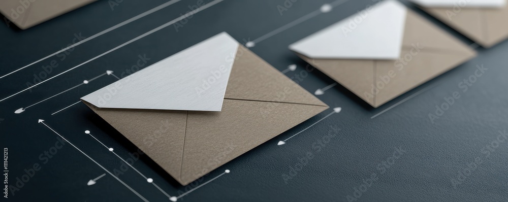 Poster a close-up of neatly arranged envelopes on a dark background, showcasing a minimalistic design with 
