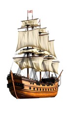 A large, old-fashioned sailing ship with multiple masts and sails. The ship has a wooden hull and appears to be from a historical era, possibly the 17th or 18th century on white background