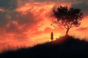 Fototapeta premium Silhouette Woman Sunset Birds Tree Hill Grass