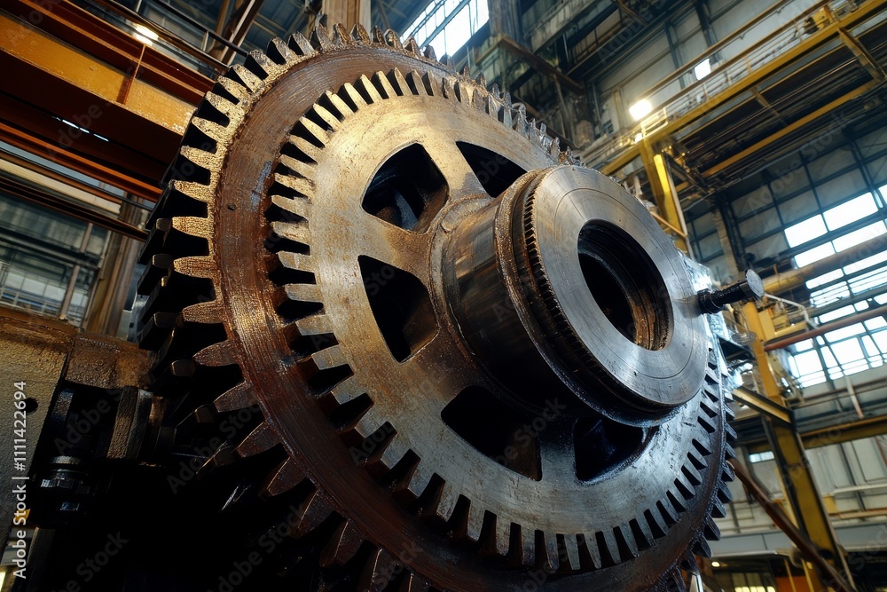 Poster large industrial gear mechanism in a factory setting showcasing precision engineering and robust des