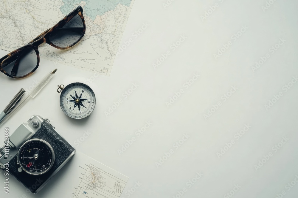 Poster Travel must-haves arranged on a white background, featuring a map, compass, small camera, and sunglasses with space for additional notes. Generative AI