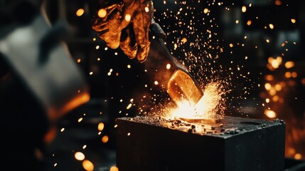 An intimate shot of craftsmen in a metal foundry, pouring molten metal into molds for casting, Metal foundry scene