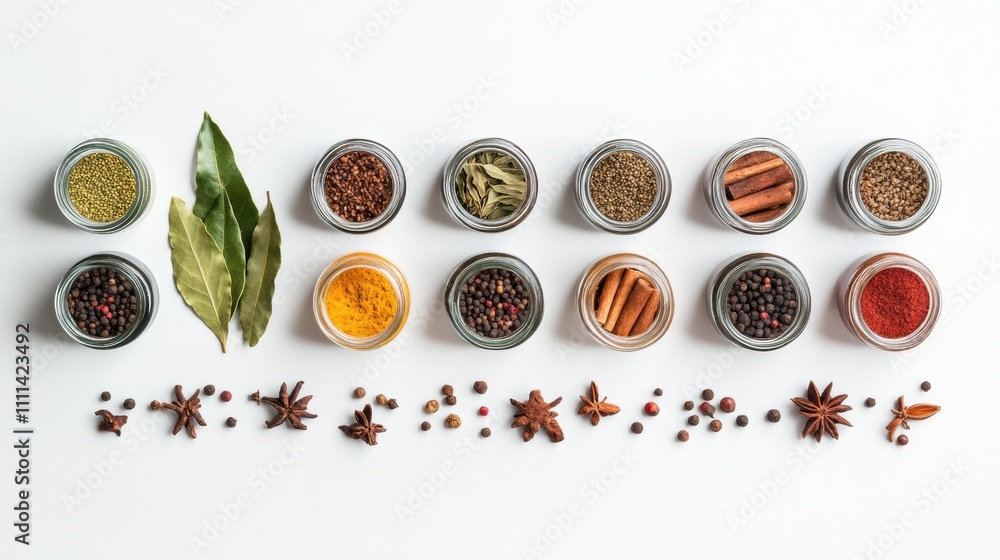Aufkleber Colorful spices arranged in small jars alongside bay leaves and cinnamon sticks create an aromatic composition with ample copy space. Generative AI